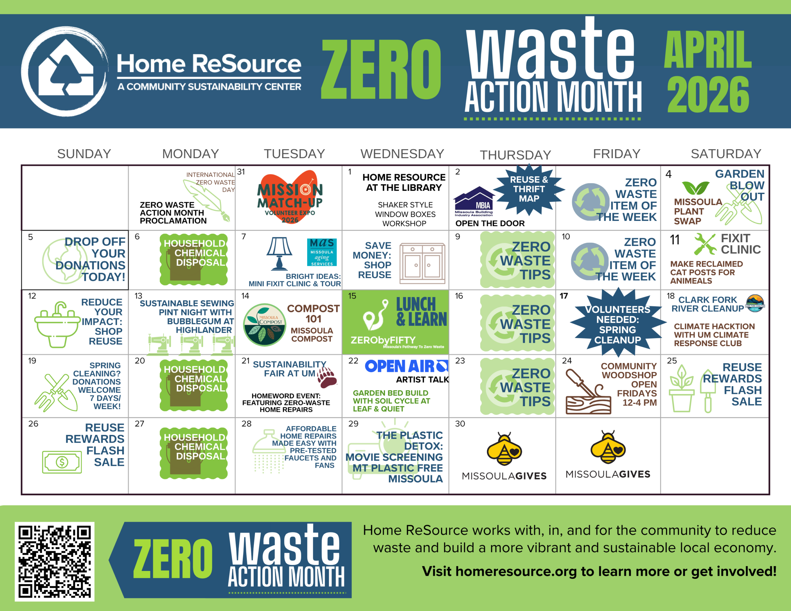 Zero Waste Action Month calendar of events: all events are listed below this image, click any one of the events for more details!